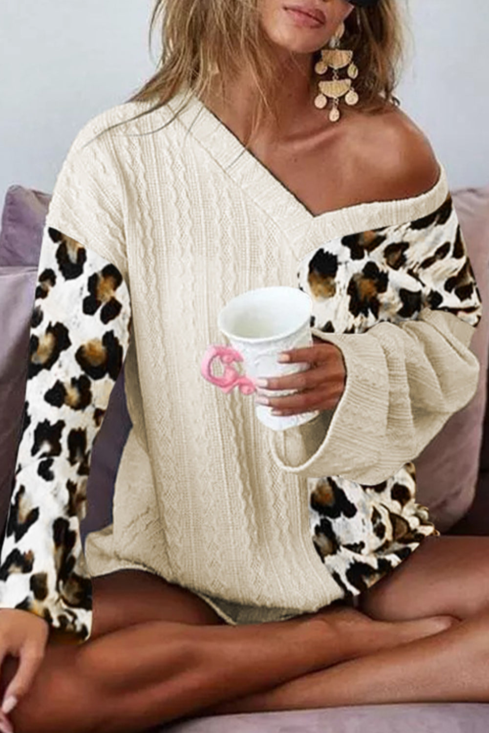 Khaki Asymmetric Leopard Patchwork Wide Sleeve V Neck Sweater