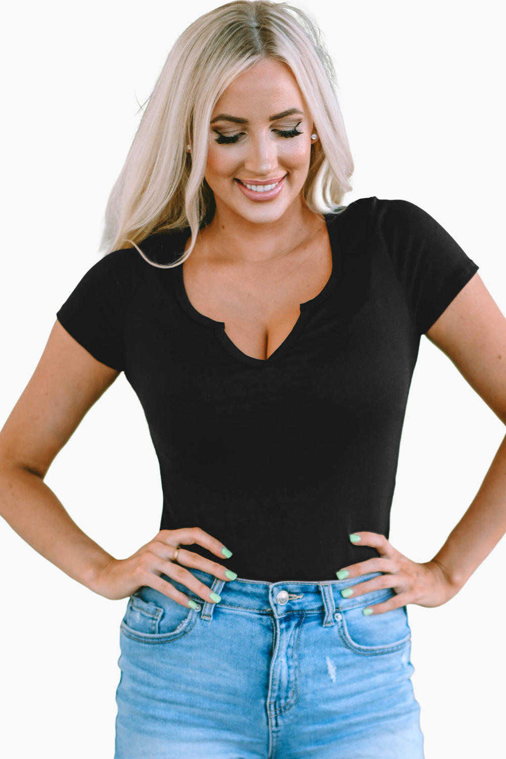 Black Solid Color Split Neck Short Sleeve Bodysuit