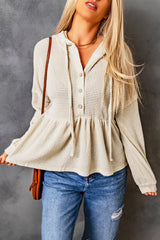 Apricot Waffle Knit Buttons Ruffled Hooded Top