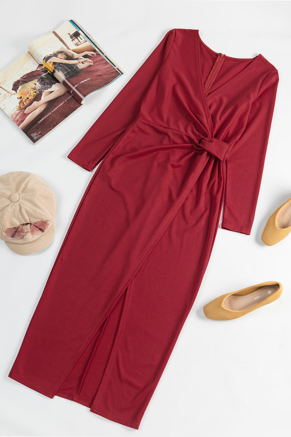 Red Black Long Sleeve V Neck Twist Front Slit Long Dress
