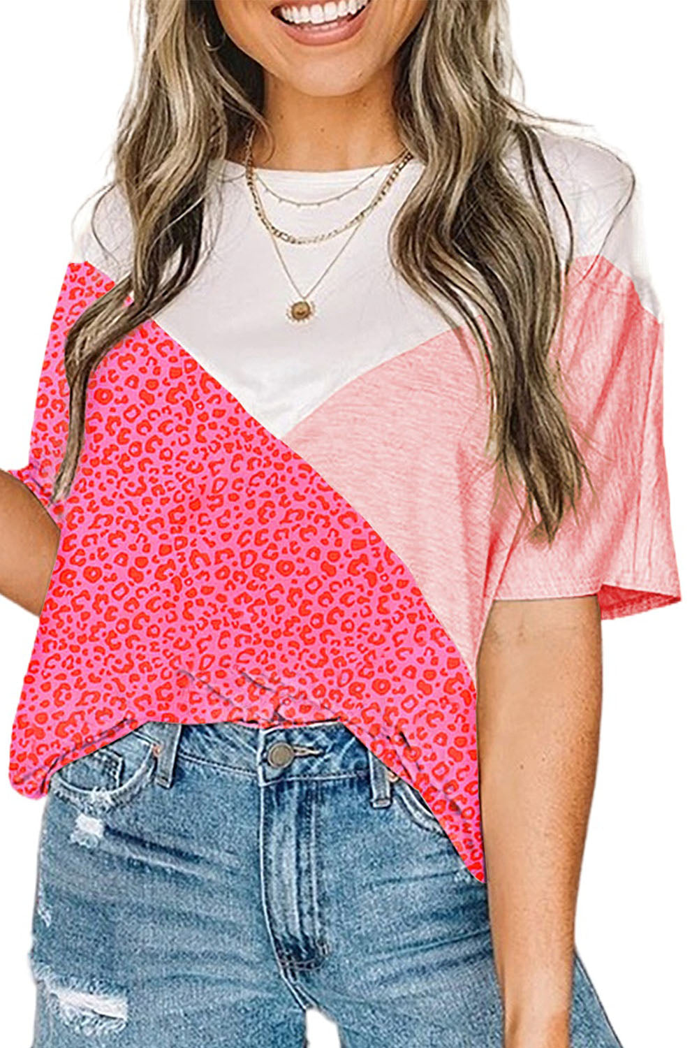 Pink Loose Colorblock Leopard T-shirt