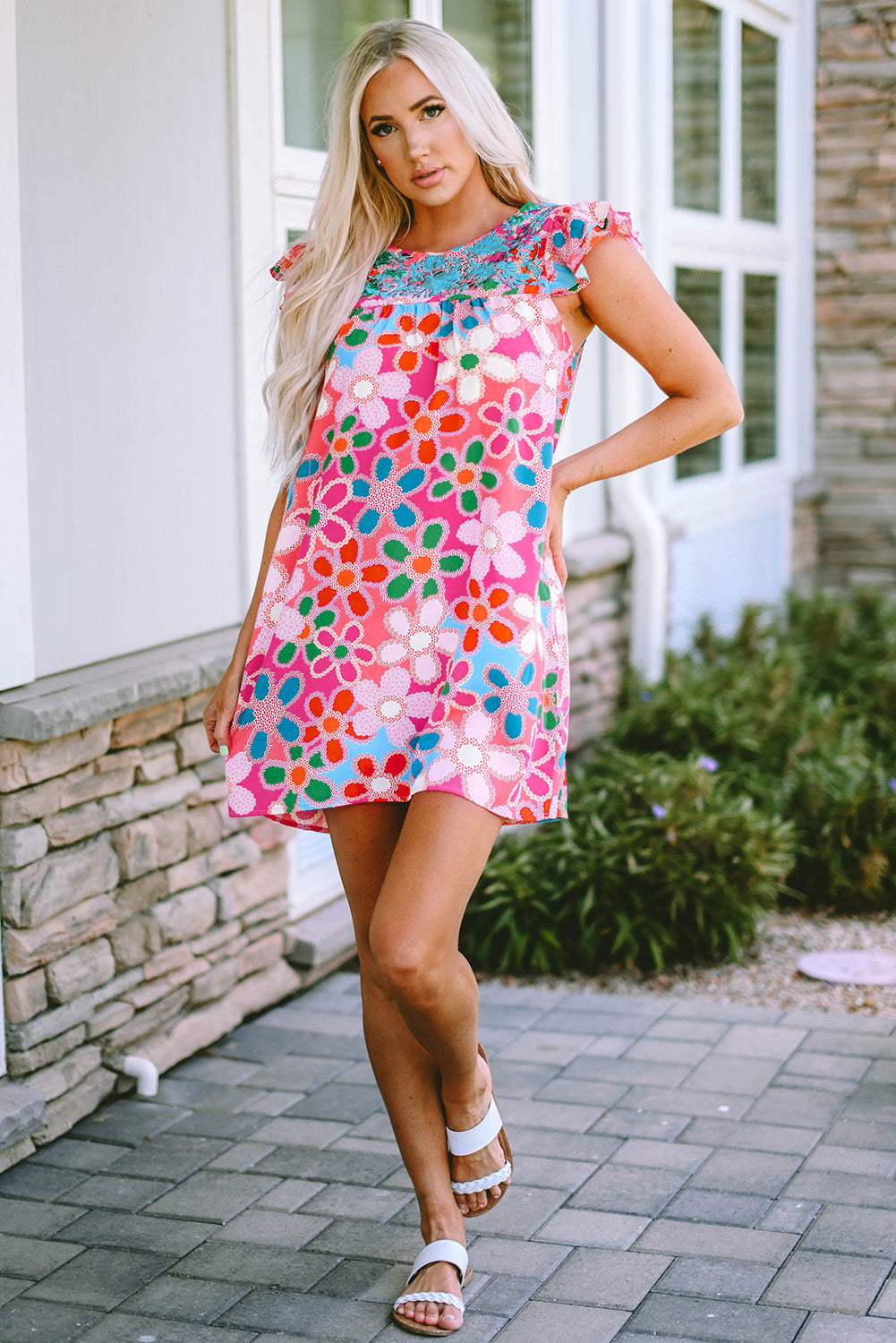 Rose Embroidered Detail Floral Print Ruffle Trim Tank Top