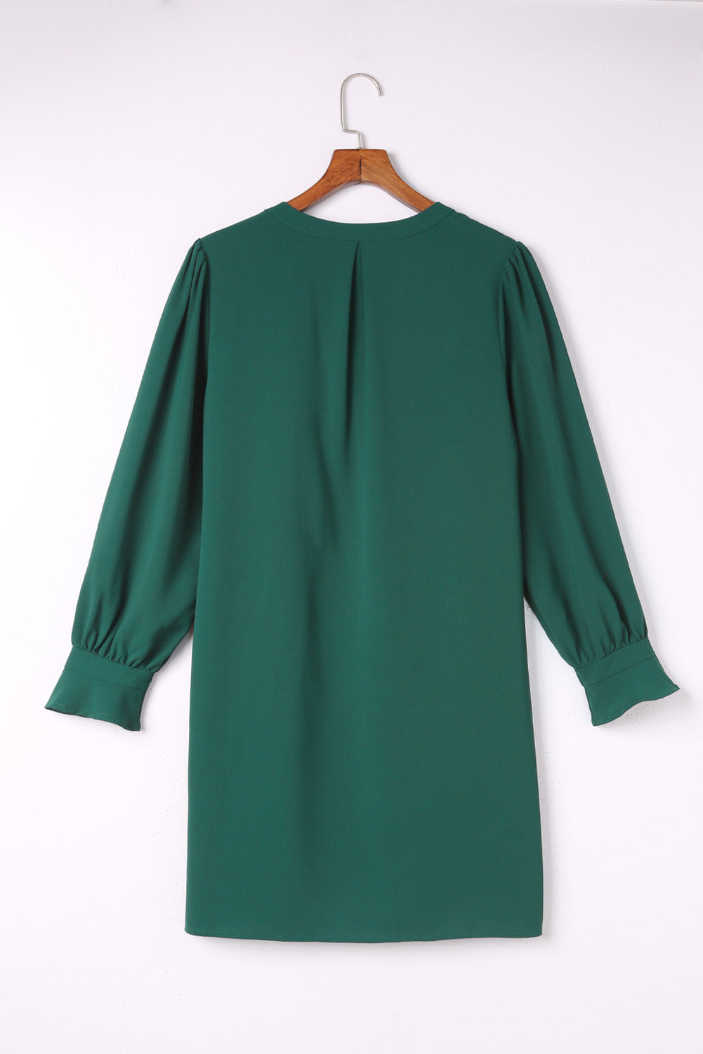 Black Split V Neck Ruffled Sleeves Shirt Dress