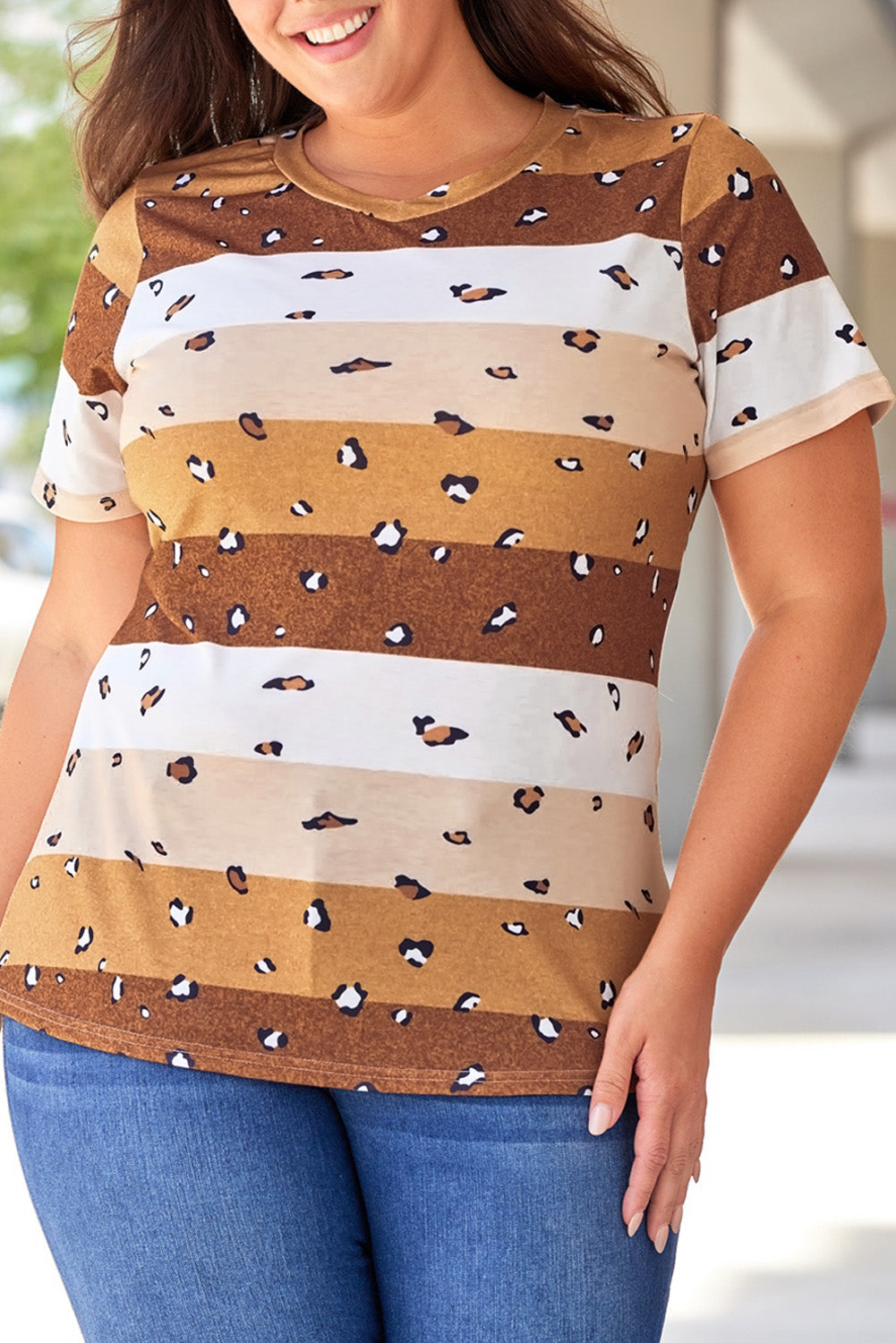 Leopard Color Block V Neck Plus Size T Shirt