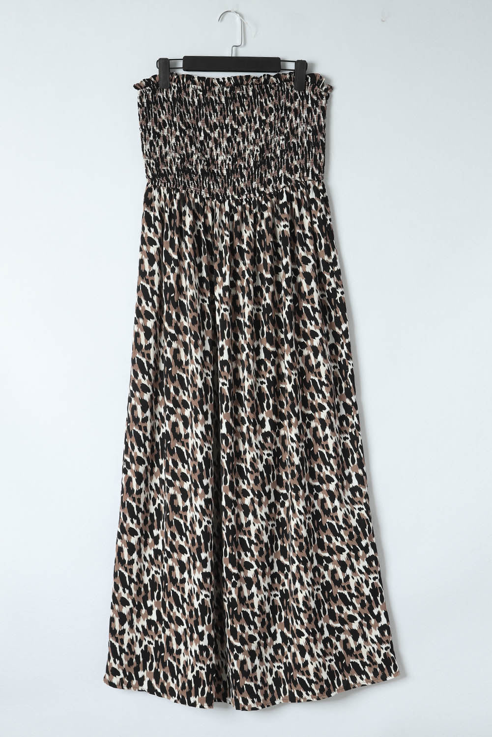 Leopard Smocked Bodice Strapless Maxi Dress