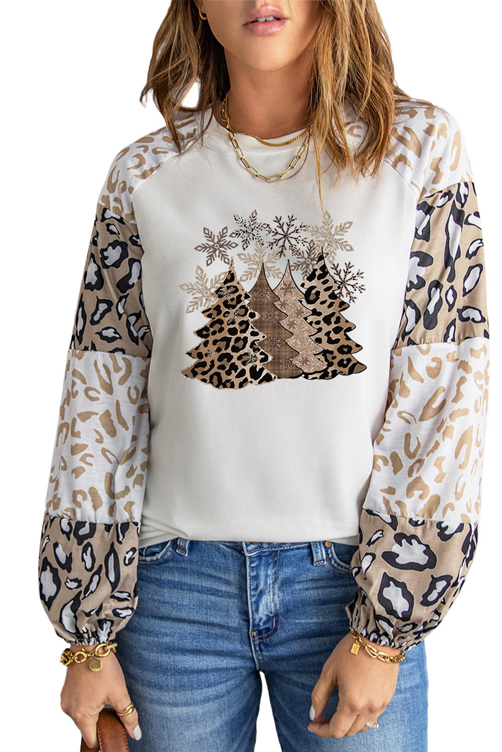 Beige Leopard Print Bubble Sleeve Top