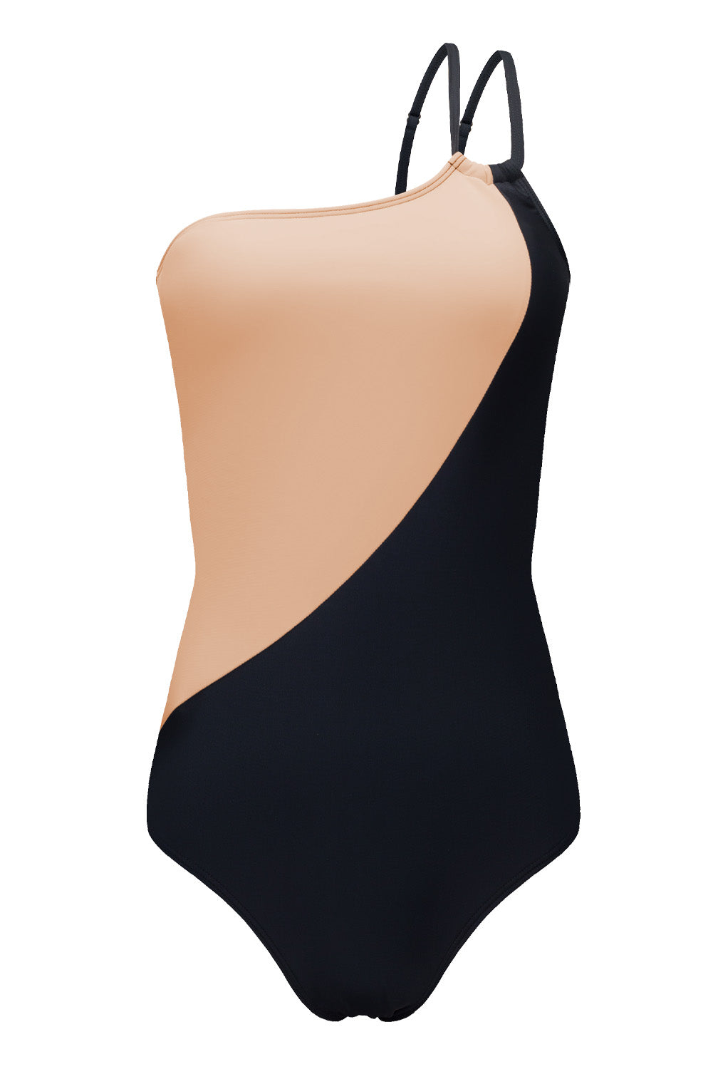 Black Double Straps One Shoulder Color Block Teddy Swimsuit