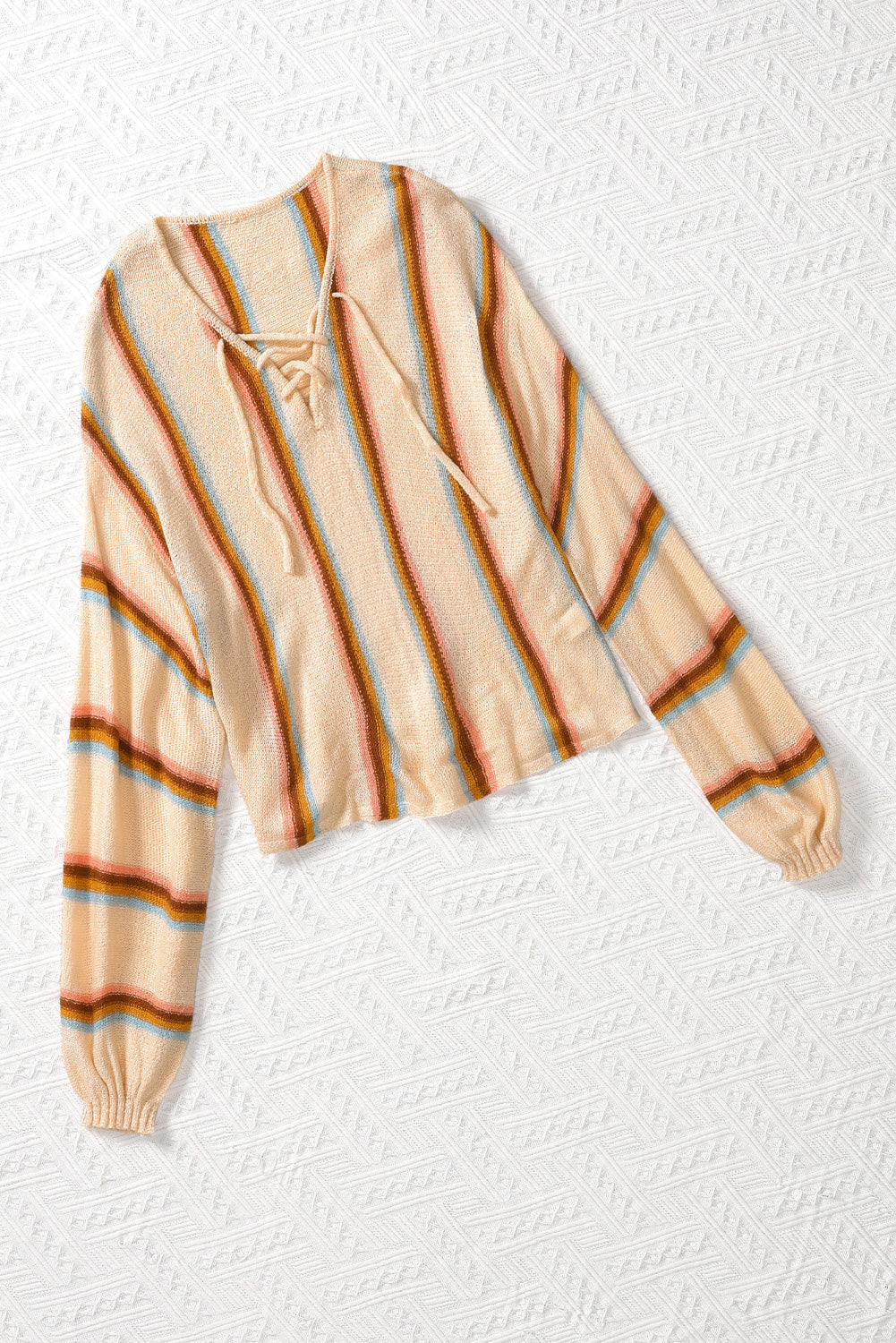 Beige Lace up V Neck Striped Knit Sweater