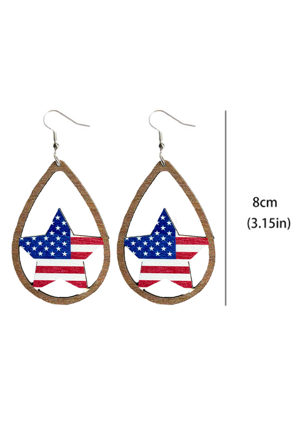 Red American Flag Heart Shape Hollowed Wood Drop Earrings