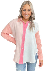 Pink Color Block Patchwork Crinkle Long Sleeve Shirt