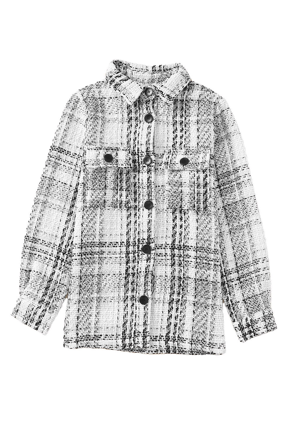 White Plaid Print Pocketed Shirt Jacket