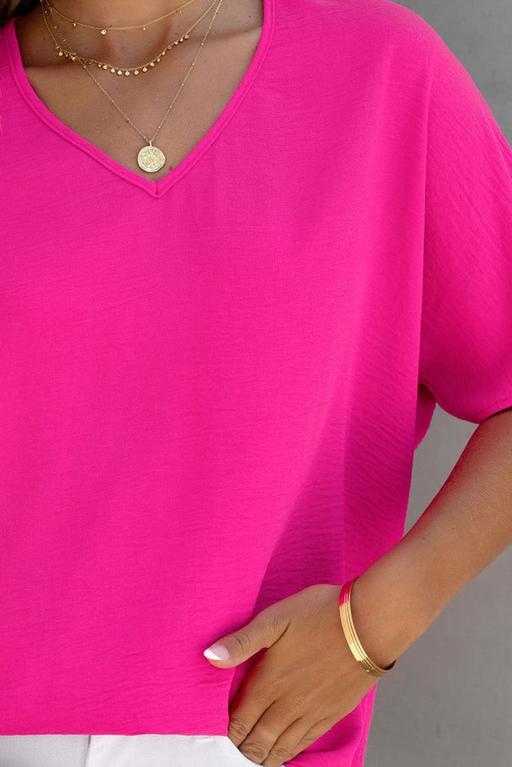 Rose Solid V Neck Short Sleeve Blouse