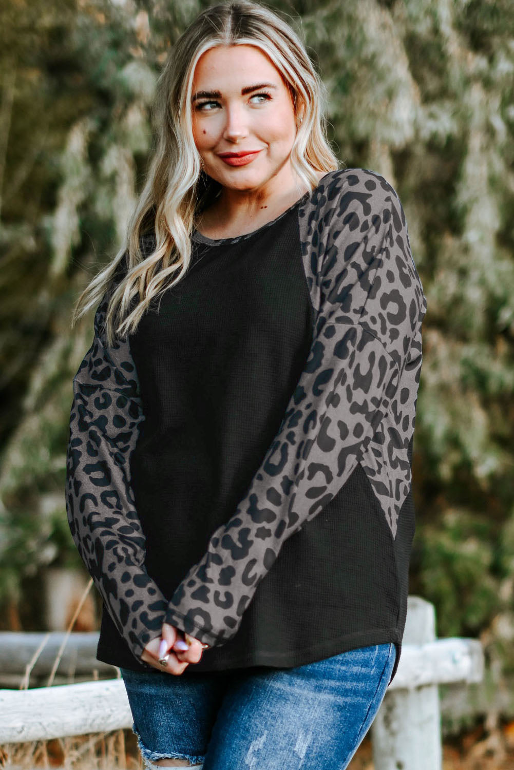 Black Leopard Raglan Sleeve Waffle Knit Plus Size Top