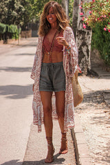 Red Boho Print Billowy Longline Kimono
