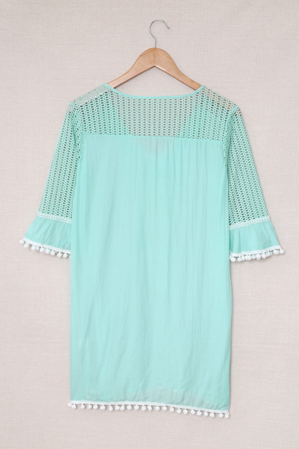 Green Crochet Pom Pom Trim Beach Tunic Cover up