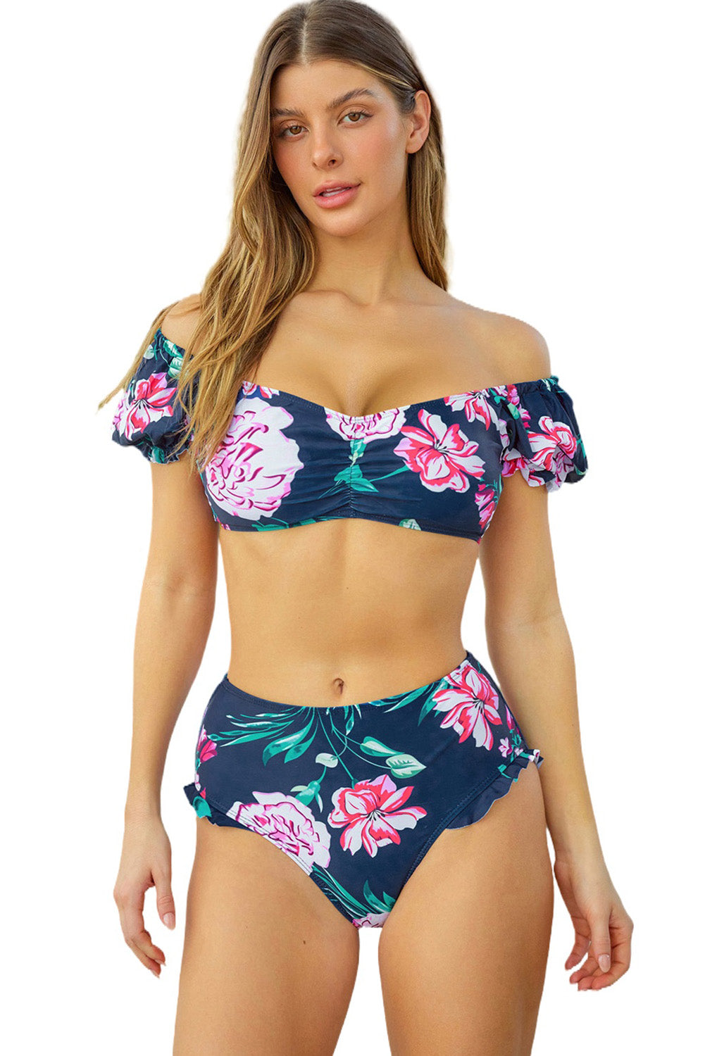 Blue Orchid Printed Bubble Sleeve Bikini 2pcs Swimsuit