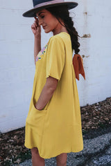 Yellow Split Neck Embroidered Floral Babydoll Swing Dress