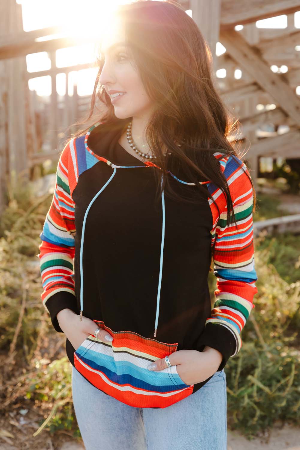 Multicolor Colorful Striped Patchwork Kangaroo Pocket Hoodie