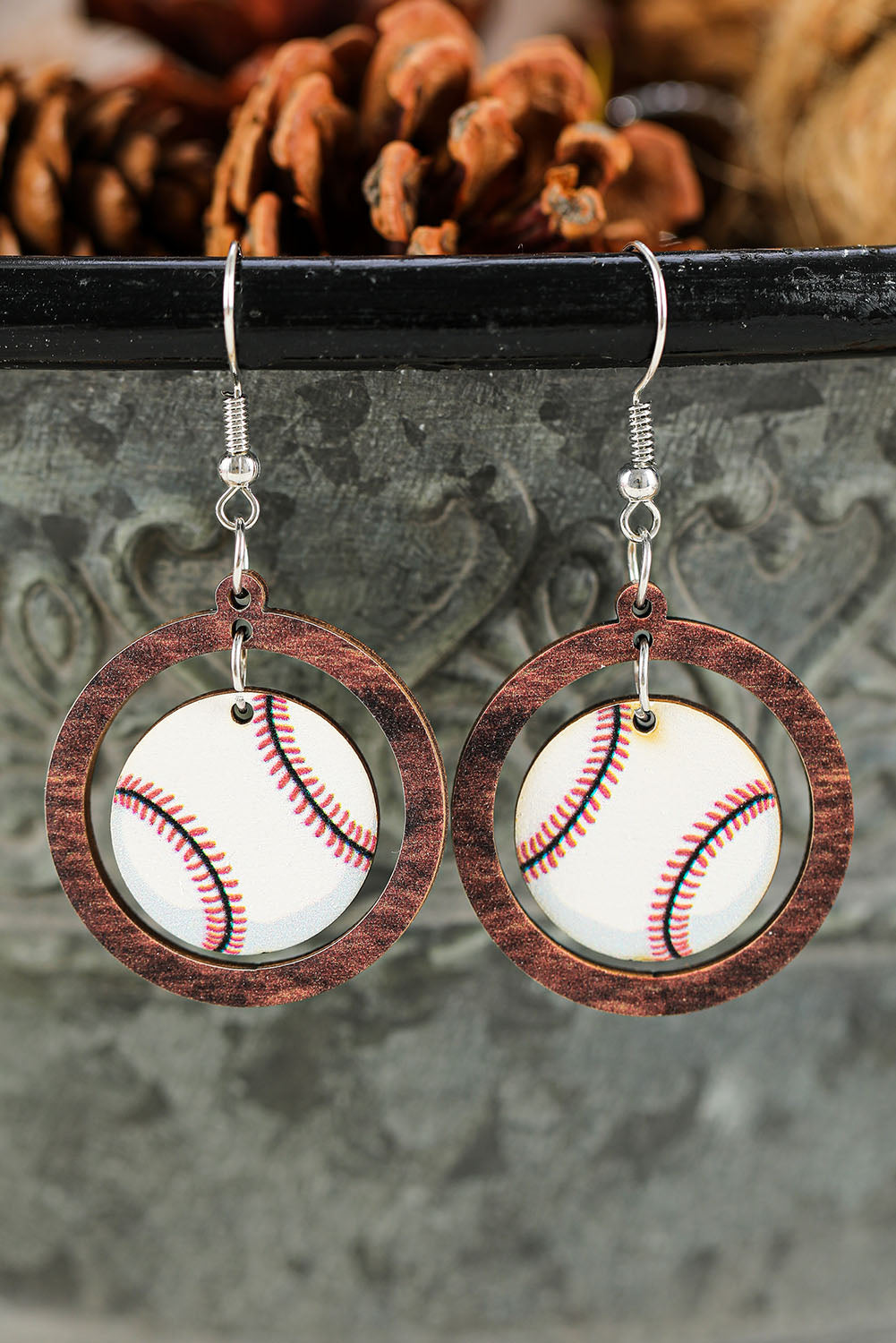 White Baseball Pattern Wood Round Drop Earrings