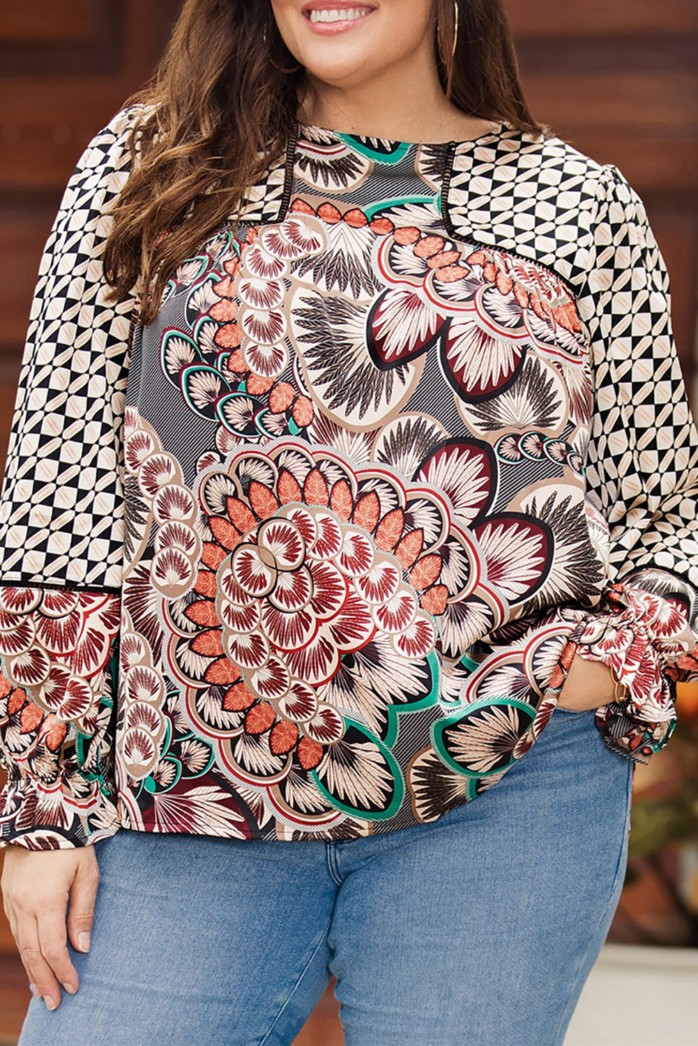 Black Black Black Mixed Floral Geometric Print Ruffled Long Sleeve Blouse