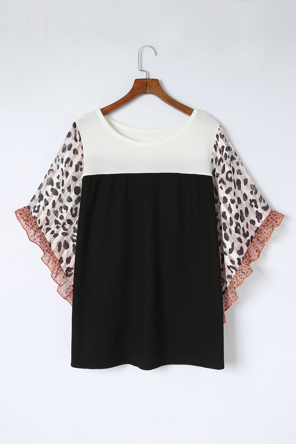 Khaki Waffle Knit Animal Print Ruffle Sleeves Plus Size Top