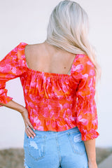 Orange Floral Puff Half Sleeve Square Neck Smock Peplum Blouse