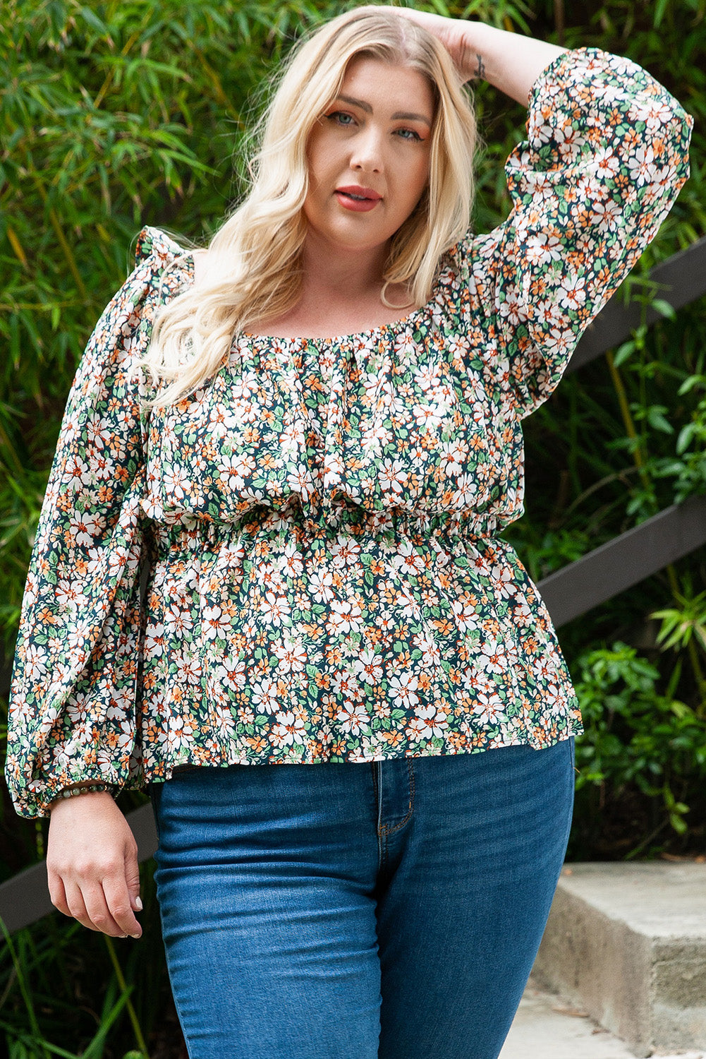 Green Square Neck Floral Plus Size Peplum Top