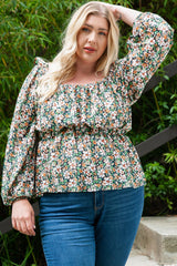 Green Square Neck Floral Plus Size Peplum Top
