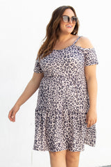 Leopard Plus Size Cold Shoulder Flare Tiered Mini Dress