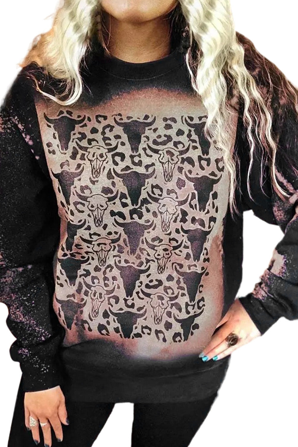 Black Bull Skull Leopard Bleached Pullover Sweatshirt