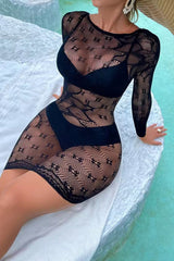 Black Long Sleeve Patterned Lace Chemise