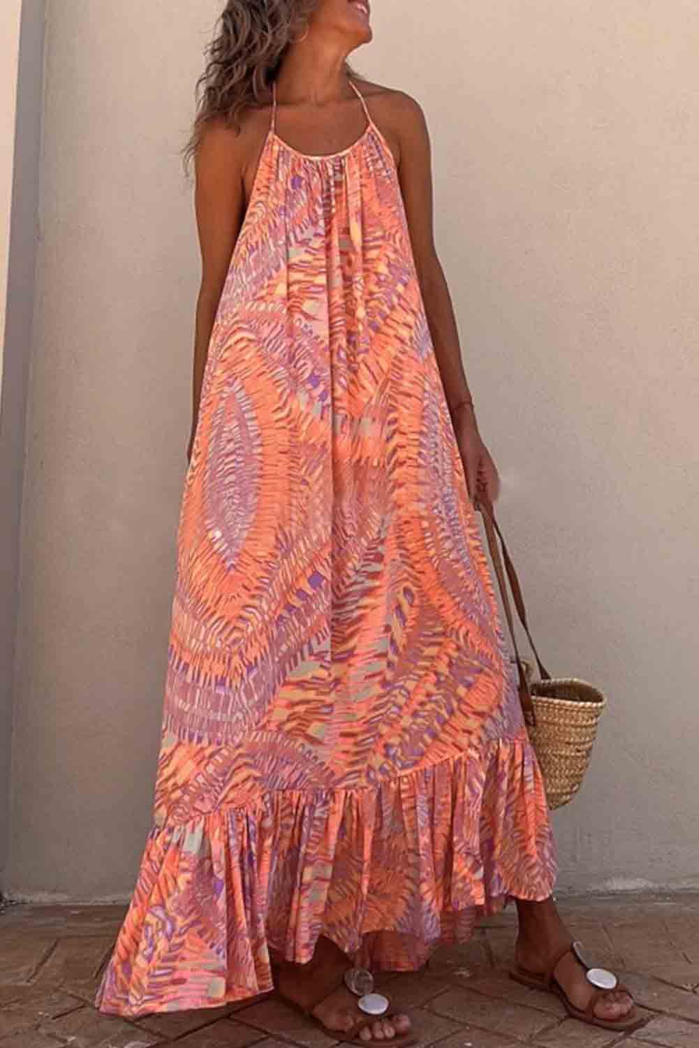 Orange Geometric Print Tassel Tie Halterneck Maxi Dress