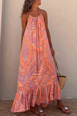 Orange Geometric Print Tassel Tie Halterneck Maxi Dress
