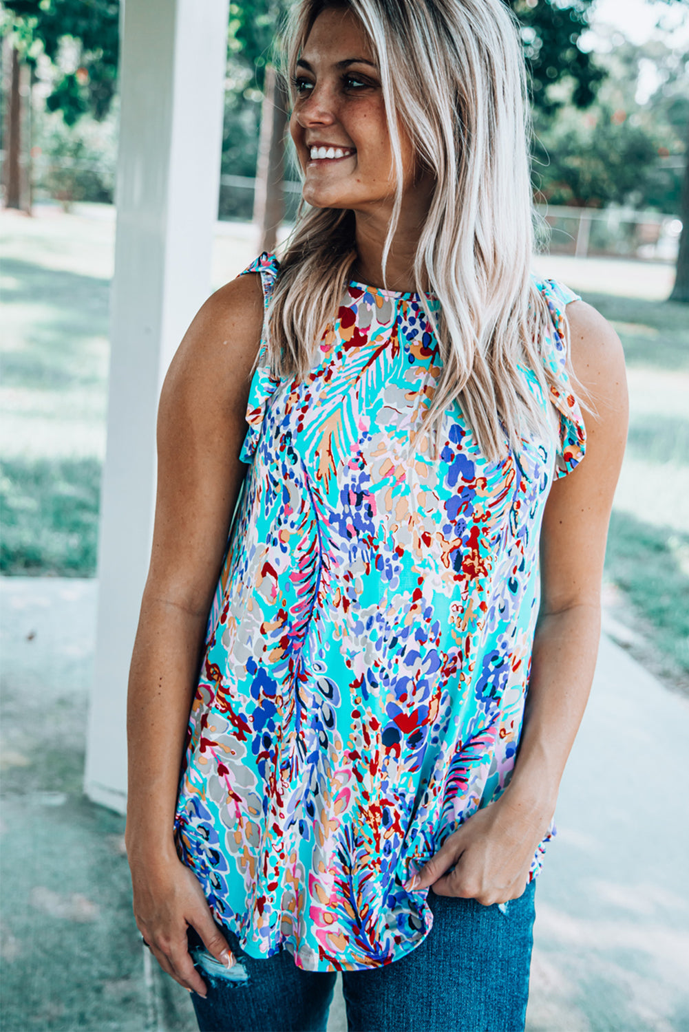 Blue Floral Print Tank Top with Ruffles