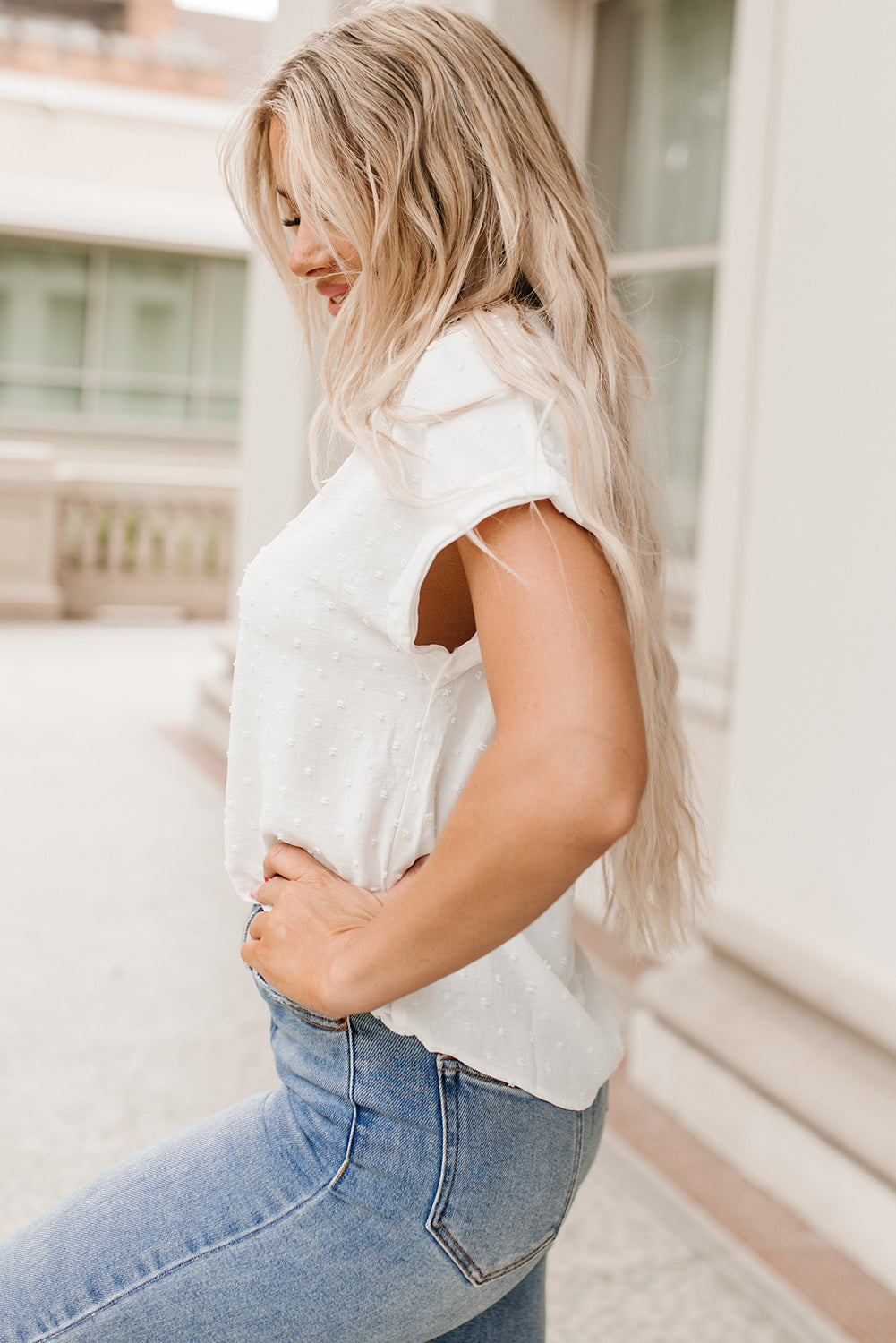 White Lace Swiss Dot Cuffed Sleeves Top