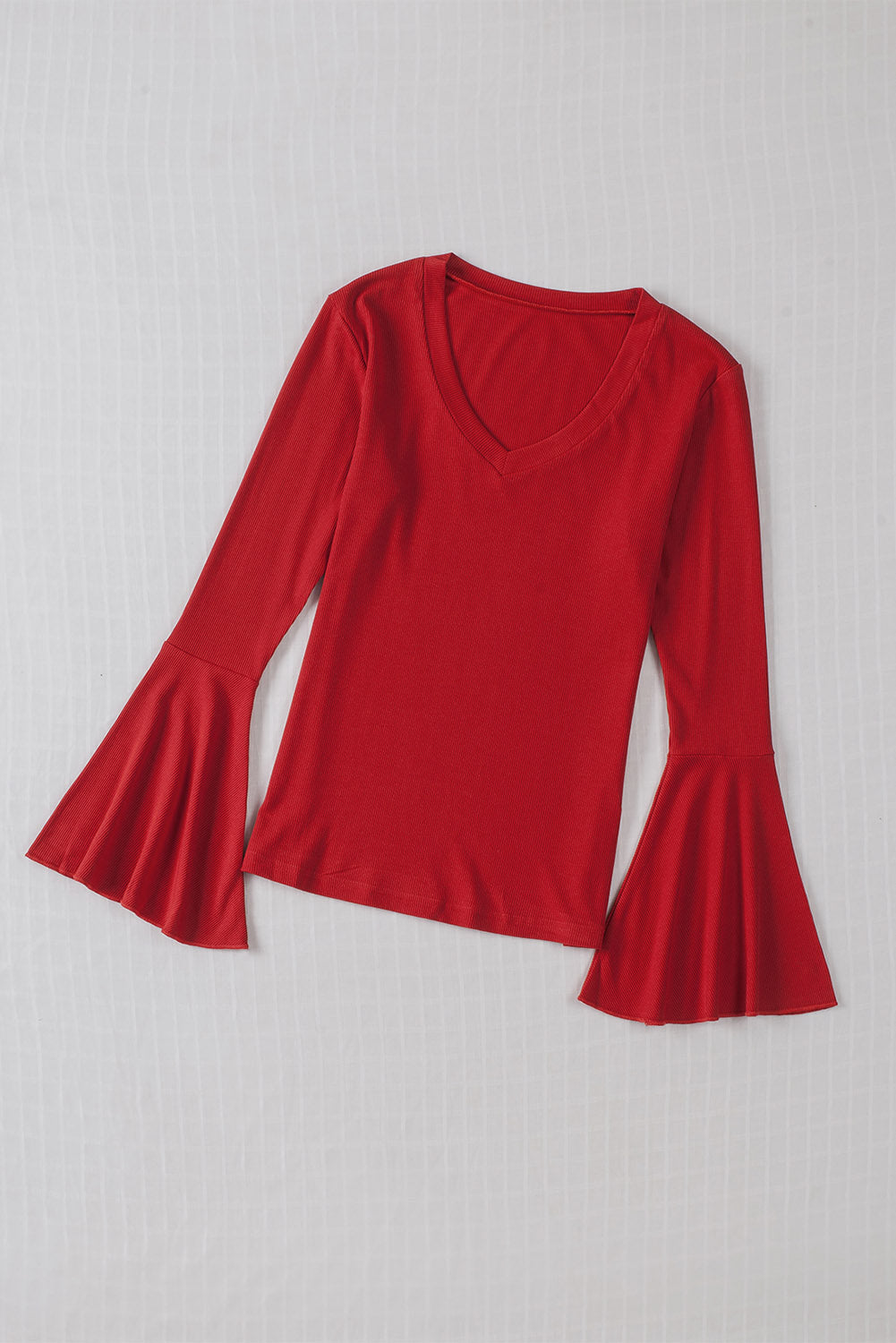 Red V Neck Knit Bell Sleeve Top