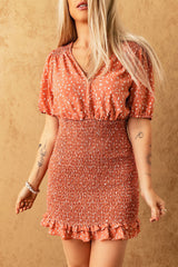 Red V Neck Printed Smocked Mini Dress