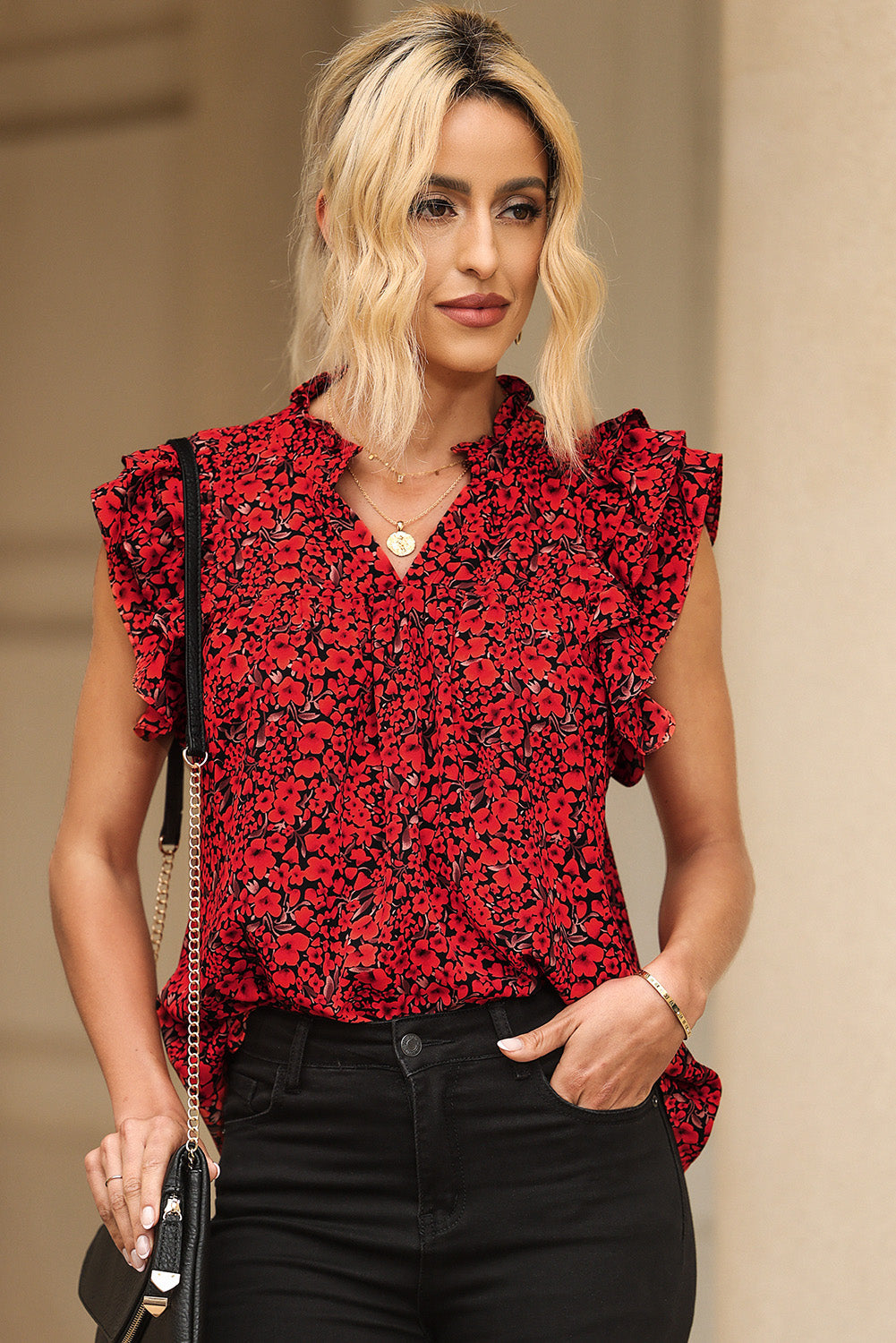 Khaki Floral Print Tiered Flutter Sleeve V Neck Top