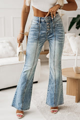 Sky Blue Button Fly Seamed Flare Jeans