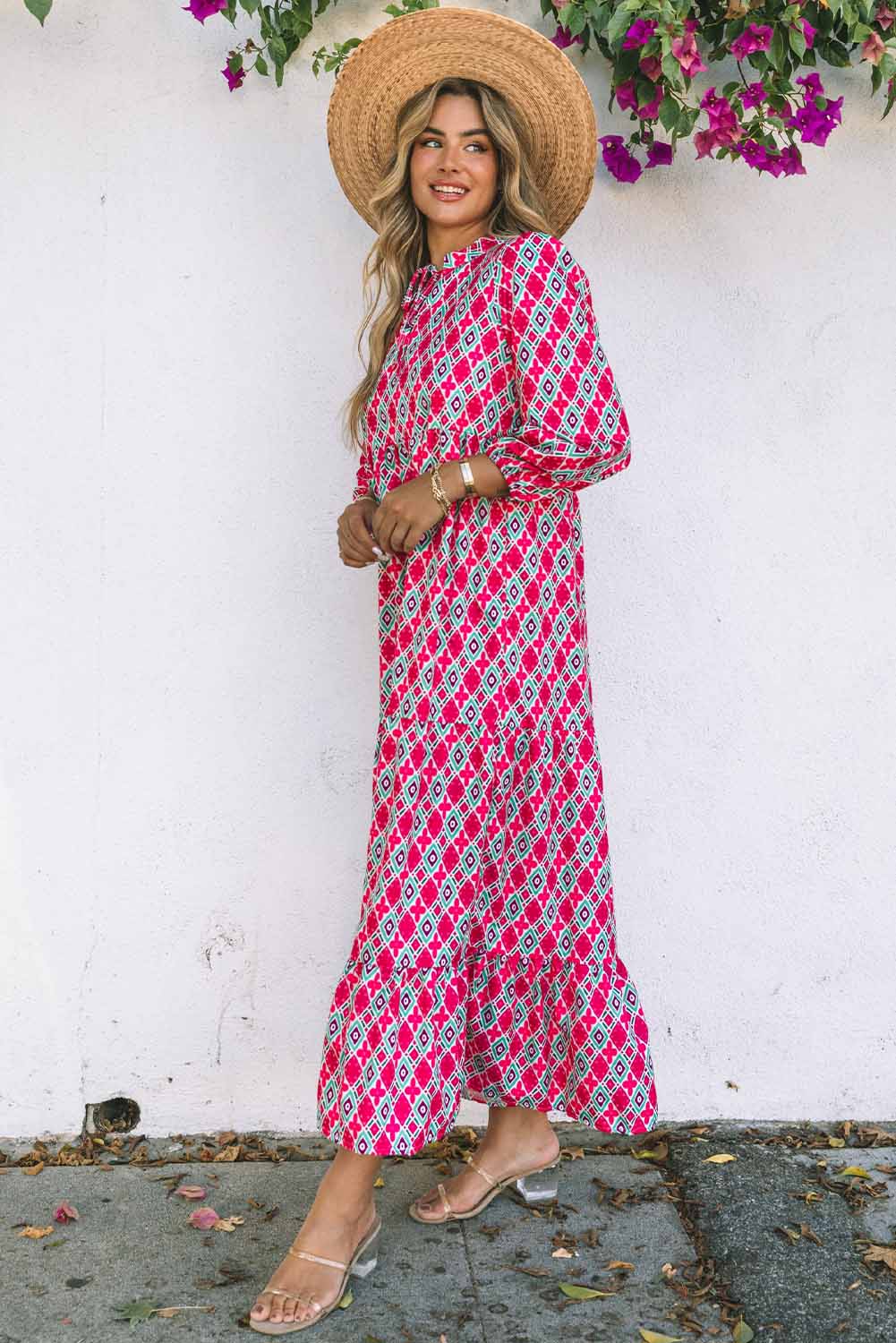 Rose Bohemian Geometry Print 3/4 Puff Sleeve Dress