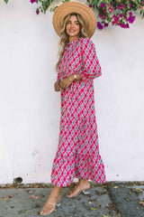 Rose Bohemian Geometry Print 3/4 Puff Sleeve Dress
