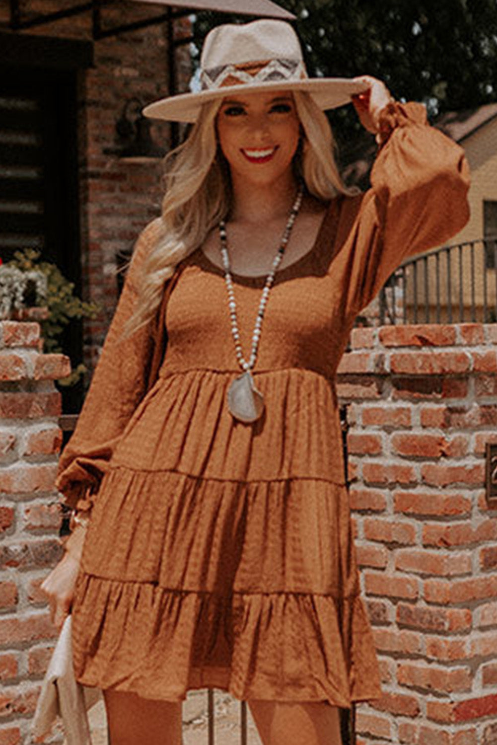 Brown Bishop Sleeve Smocked Tiered Mini Dress