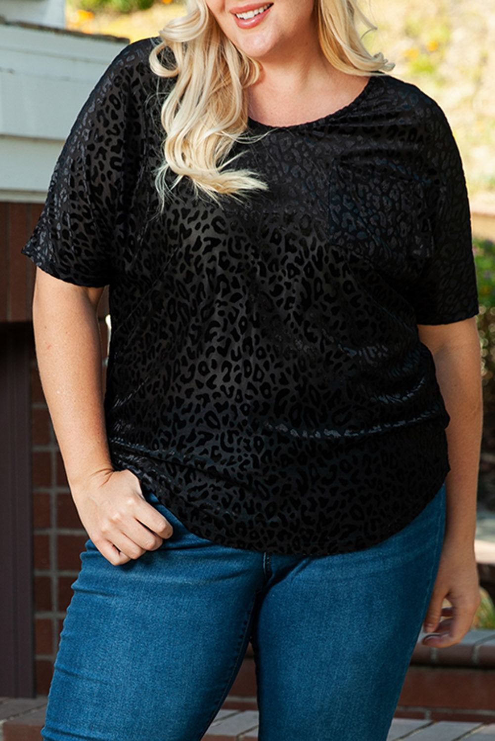 Black Plus Size Leopard Emboss V Neck Top