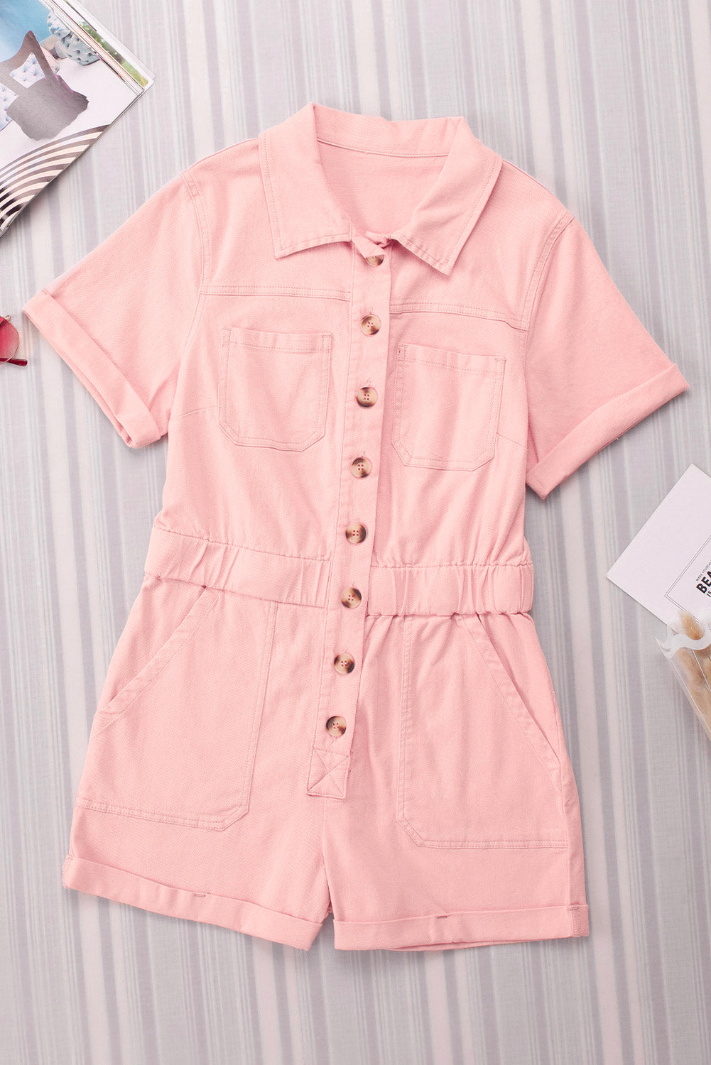 Pink Pocketed Button Down Denim Romper