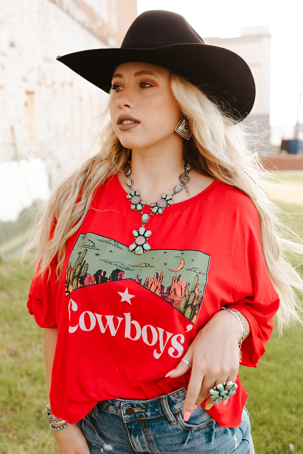 Red Cowboys Graphic Crew Neck Short Sleeve Tops