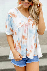 White Tie Dye Flowy Short Sleeve Top