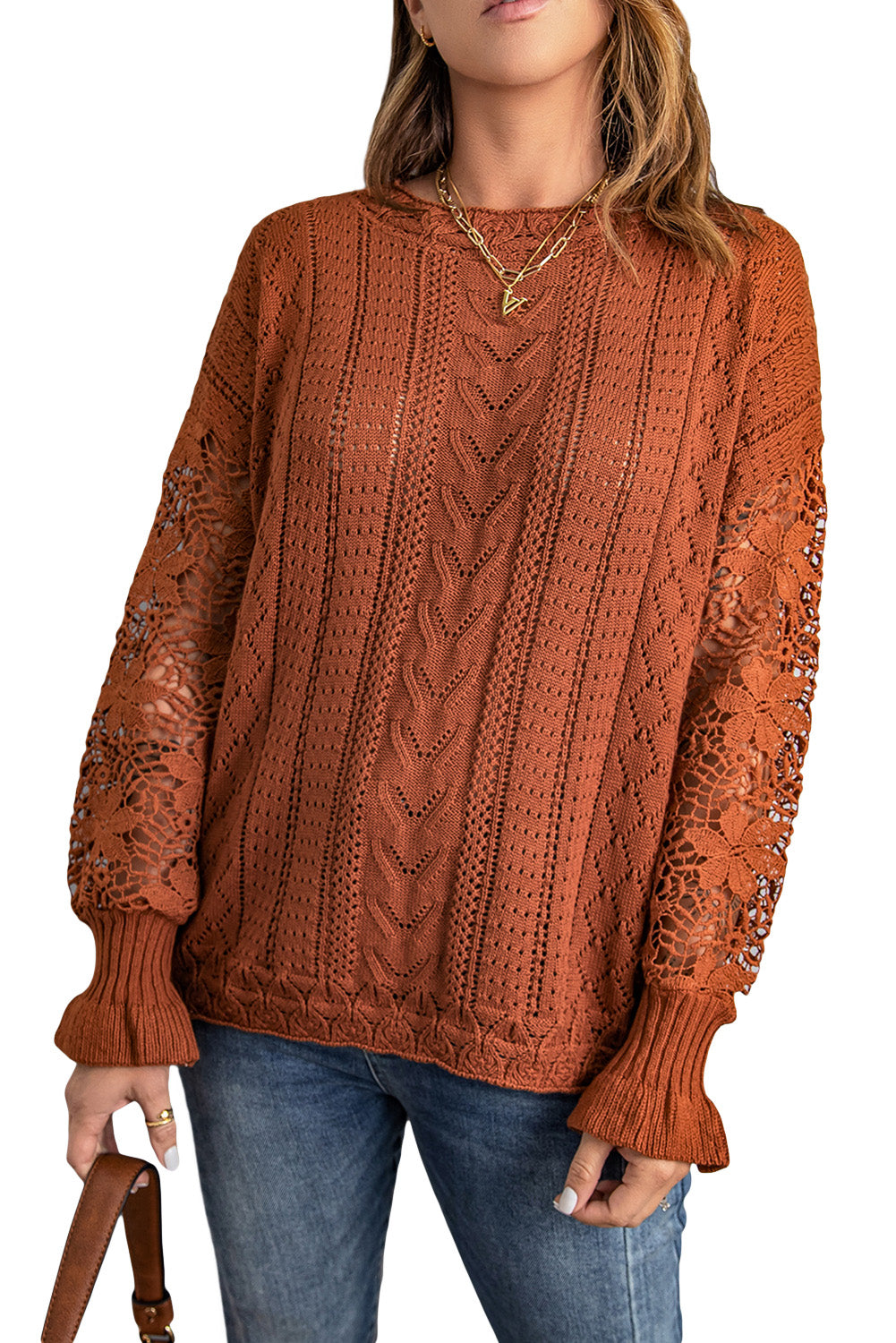 Blue Crochet Lace Pointelle Knit Sweater