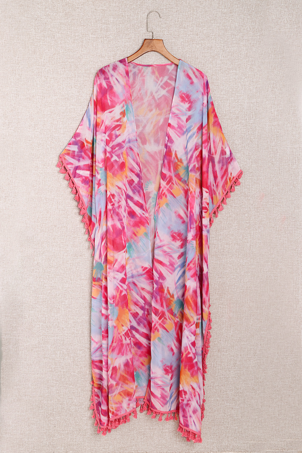 Multicolor Tie-dye Tassel Trim Kimono