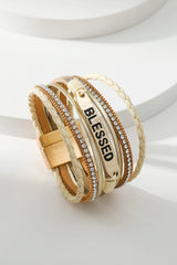 Beige BLESSED Rhinestone Braided Detail Buckle Bracelet