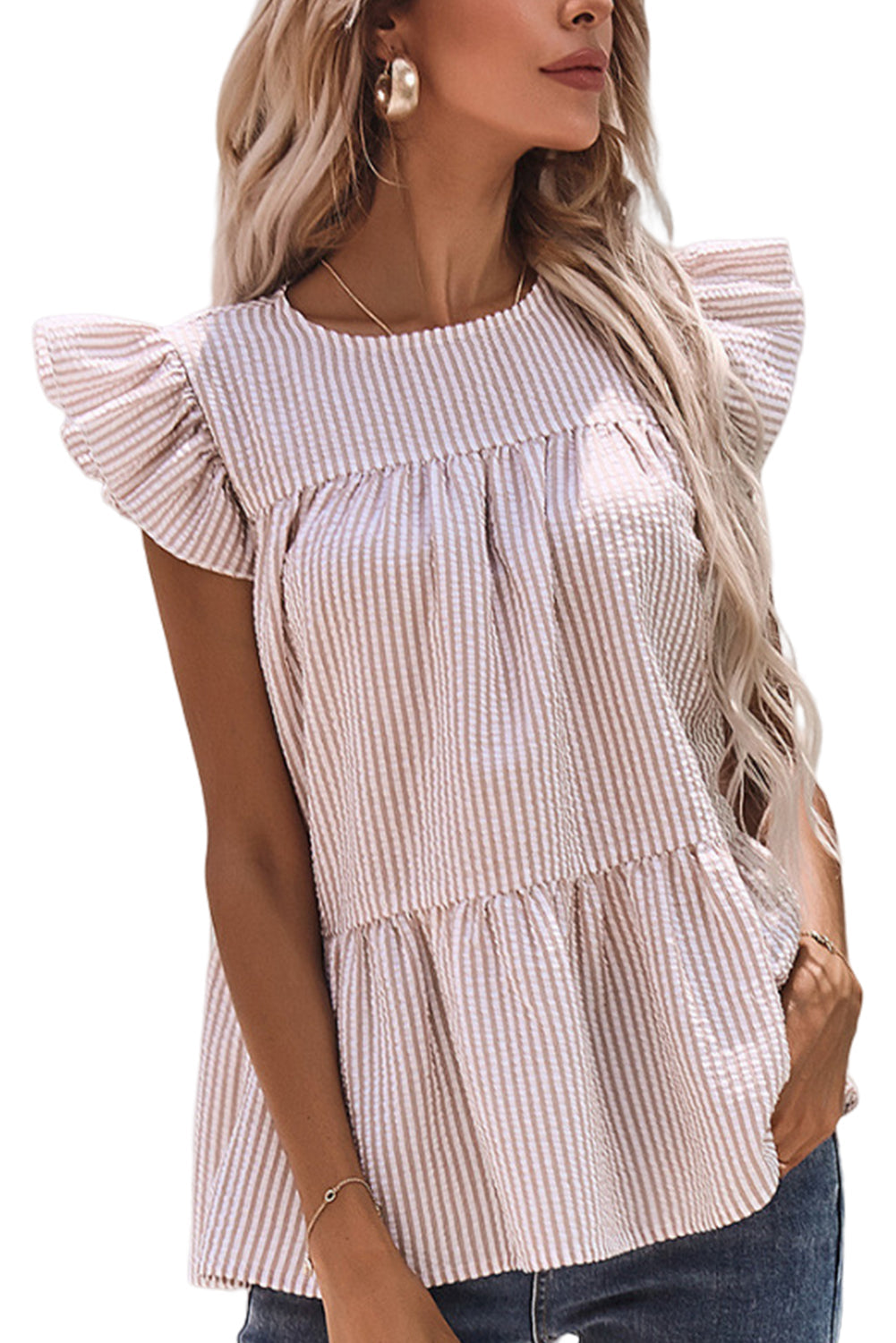 Sky Blue Striped Print Flutter Sleeve Gathered Top